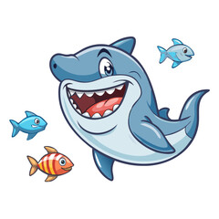 Smiling shark with small fish swimming around