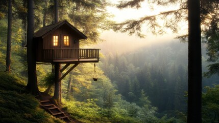 Family adventure in a tree house traveling to a cozy room surrounded by nature's beauty