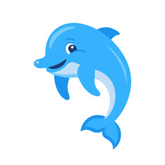 Fototapeta premium Blue cartoon dolphin jumping with a smile