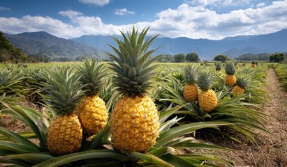 Ripe pineapples in a field with mountains