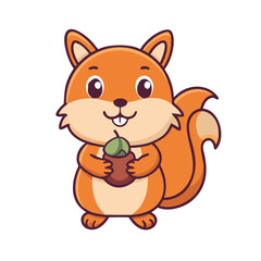 Happy cartoon squirrel holding acorn in flat vector style