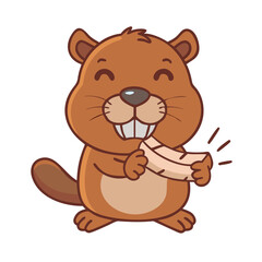 Obraz premium Smiling cartoon beaver holding wood piece