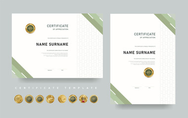 Certificate of appreciation template with modern green design. Editable vector layout with luxury award badges. Suitable for professional recognition, achievement, or course completion.