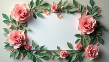 A stunning arrangement of handcrafted pink roses and vibrant green leaves creates a beautiful border around a blank space, perfect for personalized messages. This enchanting floral design evokes