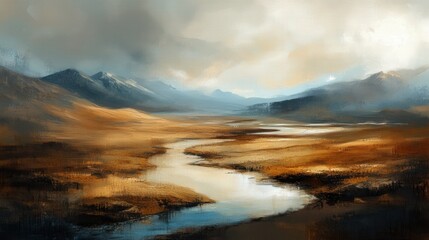 Fototapeta premium A tranquil landscape featuring rolling hills, a winding river, and distant mountains, bathed in soft, muted colors and dramatic lighting.