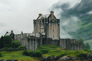 Fototapeta premium Ancient Stone Castle on Green Hills in Scotland