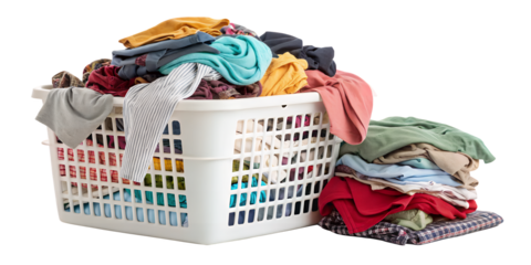 Overflowing Laundry Basket: An overflowing laundry basket, alongside a neat stack of folded clothes, presents a vivid depiction of household tasks and everyday chores, and a tidy organization.
