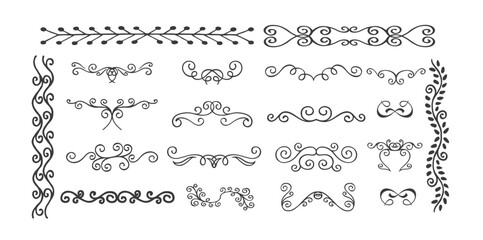 intage hand drawn botanical borders, floral dividers, flowers and branches. Vector isolated elements. Wedding flourish laurel wreaths for invitation card.