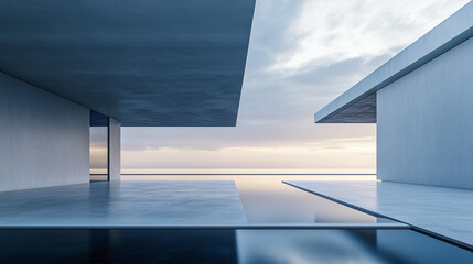 Fototapeta premium Modern seaside house with a pool, reflecting minimalist luxury at sunset.