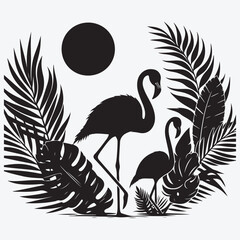 Obraz premium Silhouette of tropical leaves and flamingos. stock illustration