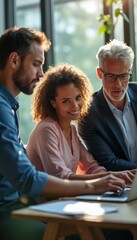 A dynamic trio of professionals, including a woman with curly hair and two men, are deeply engaged in a collaborative meeting. The warm sunlight streaming through the window enhances the atmosphere of