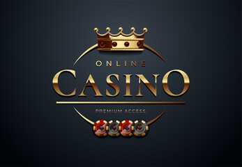 Luxury online casino logo with a golden crown and poker chips on a dark gray background. Ideal for gambling websites, casino branding, and premium poker events. Premium vector design