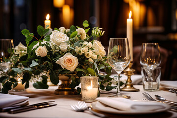 Elegant table setting for celebration. Floral centerpiece with white roses. Candles and glassware create a romantic ambiance. Tableware on fine dining setup.