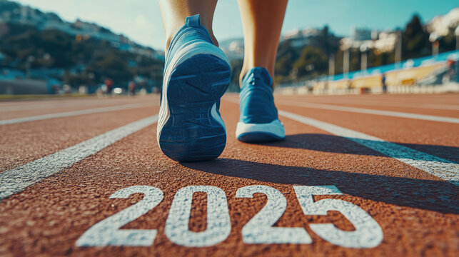 Close-up of a female runner's legs in the starting position running track with the text "2025" written,sports concept. A new year's resolution background for a design print template, copy space.banner - Powered by Adobe