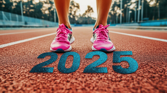 Close-up of a female runner's legs in the starting position running track with the text "2025" written,sports concept. A new year's resolution background for a design print template, copy space.banner