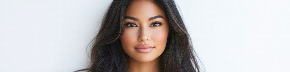 Fototapeta premium Beauty in Focus: A radiant portrait of a woman with flowing dark hair, her gaze direct and captivating, her expression conveying a sense of serenity and confidence.