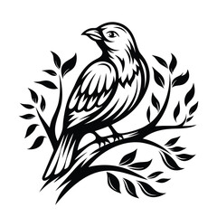 Silhouette of Bird on Branch with Leaves, Black and White Floral Design,