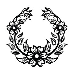 Floral Circle Black Silhouette, Flower Wreath, Botanical Ornament, Nature Inspired Design