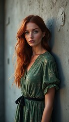 Naklejka premium A captivating young woman with flowing red hair stands gracefully against a weathered wall, exuding elegance and confidence. Her green floral dress complements her striking features, creating a