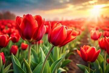 Captivating Closeup of a Vibrant Red Tulip Field Springs Exquisite Blooms and Copy Space for Your Design