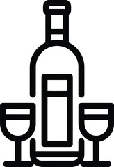 Black and White Vector PNG Illustration of a Wine Bottle with a Label in the Center, Flanked by Two Wine Glasses, Representing Celebration and Sophistication.