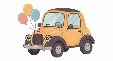 Obraz premium Cartoon illustration of a cute yellow car with colorful balloons ready to celebrate