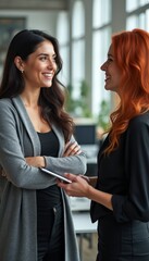 In a bright, airy office space, two women engage in a lively discussion, radiating positivity and camaraderie. The woman with long dark hair, dressed in a cozy gray cardigan, stands with her arms