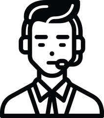 Black and White Vector PNG Illustration of a Person in a Collared Shirt, Wearing a Tie and Headset with a Microphone, Representing Customer Support or Communication.