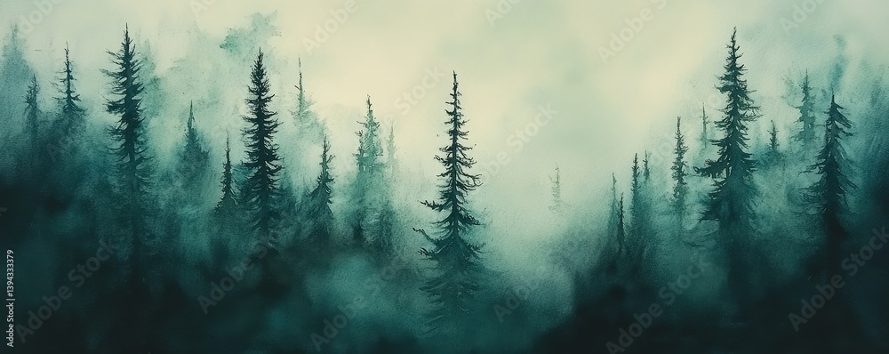 Wall mural a misty forest scene with tall, dark trees emerging through fog, creating a mysterious and atmospher