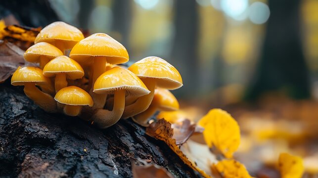 Yellow wild mushrooms on tree trunk in forest during autumn season