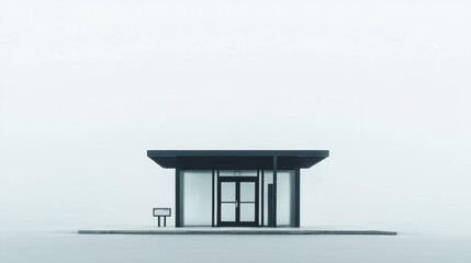 Minimalist bus stop in foggy landscape offers shelter and solitude for travelers at dawn