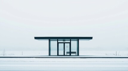 Minimalist bus stop in a snowy landscape under overcast skies during winter season