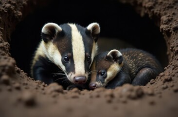 Fototapeta premium Mother badger with cub in burrow