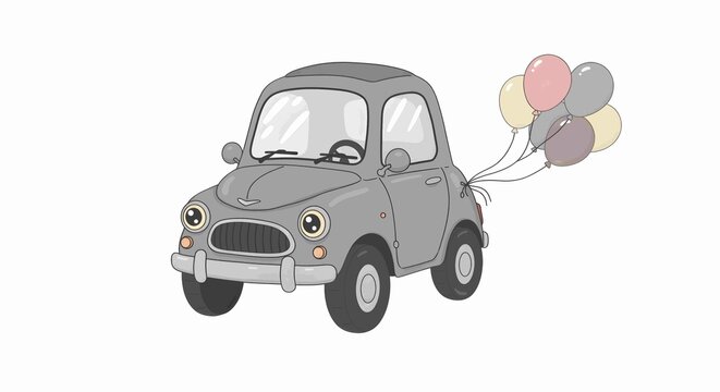 Cute cartoon car with colorful balloons tied to the back, celebrating something fun