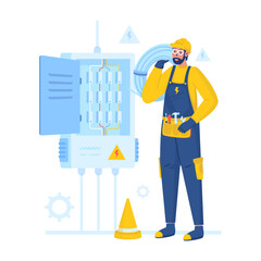 Electrician character repairing electrical power box installation vector illustration