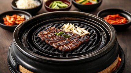 Delicious grilled beef on a tabletop grill with various side dishes