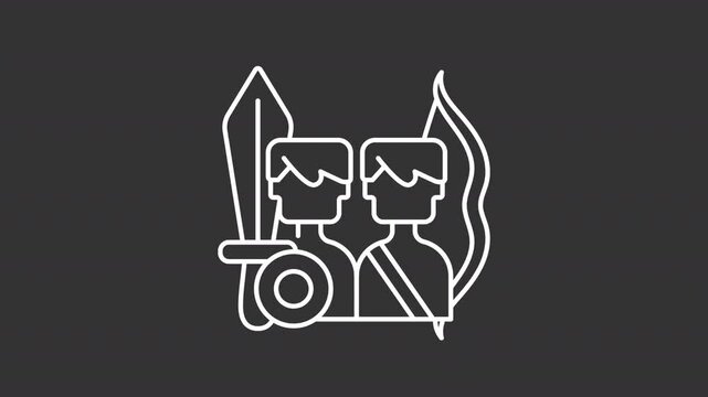 Animated battle arena characters white icon. Videogame personages with sword and bow line animation. RPG multiplayer. Isolated illustration on dark background. Transition alpha video. Motion graphic