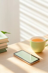 Bright workspace features phone, tea cup, books, and sunlight ca