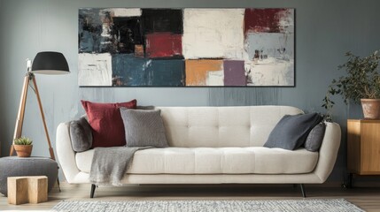 Modern Living Room Interior with Beige Sofa and Abstract Artwork