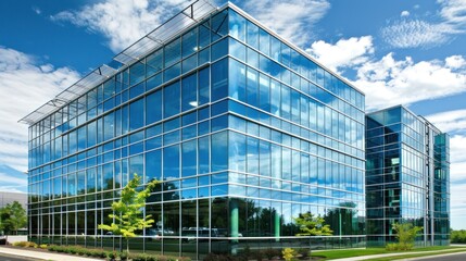 A modern office tower with clean lines and reflective glass facades.