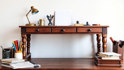 Aged Wooden Desk with Vintage Office Supplies, Perfect for a Retro Workspace.