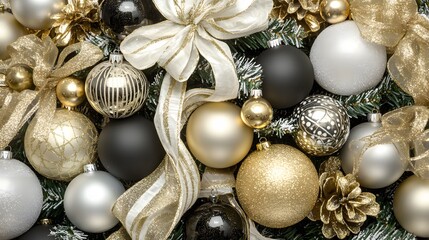 Elegant Gold Black Silver Christmas Ornaments Wreath