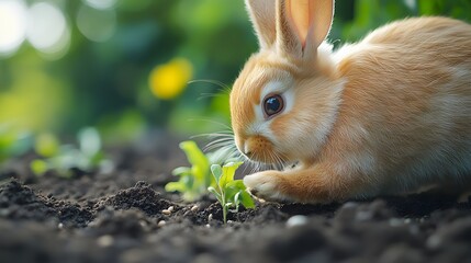 Fototapeta premium A heartwarming image of a small, fluffy bunny exploring a garden's new growth. It's a scene that embodies springtime's gentle energy. Adorable Bunny Exploring New Growth: A Springtime Garden Scene