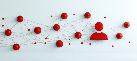 Red connected spheres and a human icon representing a network