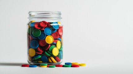 Colorful plastic tokens in a glass jar with scattered pieces on a white background create a vibrant display of fun