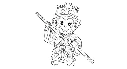 Famous Monkey King Character Drawing Sun Wukong With Playful Look Wielding Small Staff From Chinese Legend Great Story