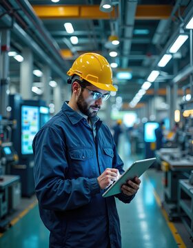 Caucasian male engineer using tablet in modern industrial facility