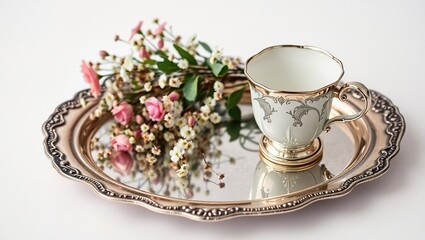 Fototapeta premium Antique Silver Tray with Vintage Teacup and Floral Arrangement