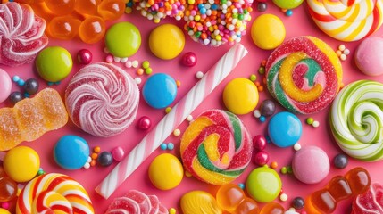 Fototapeta premium The texture and background of the candies and lollipops are made in pastel colors. Cupcakes and cakes. The harm of sweets.
