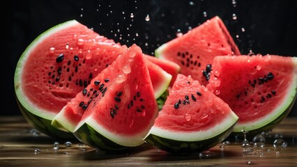 A vibrant slice of watermelon, with three triangular pieces arranged around a whole section